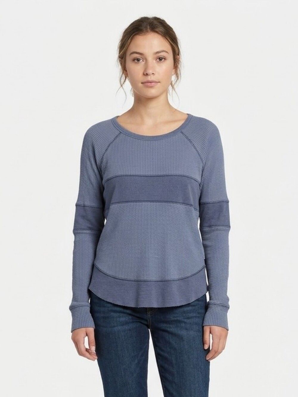 Volcom Medium Thermal Waffle Knit Long Sleeve Shirt Blue Two Tone Colorblock